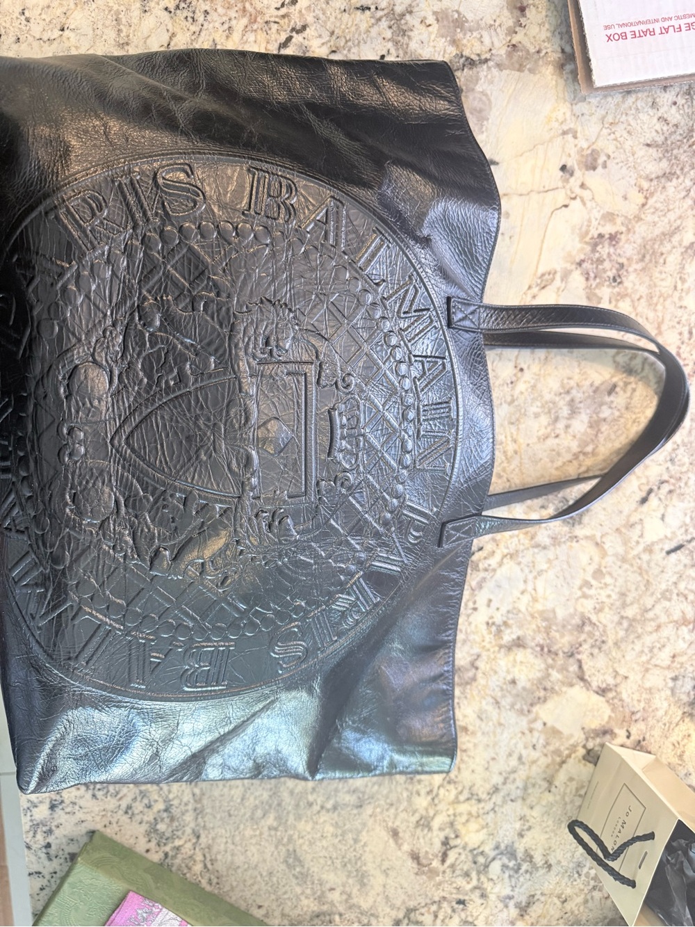 Balmain Black Embossed Leather Tote with Crest Motif
